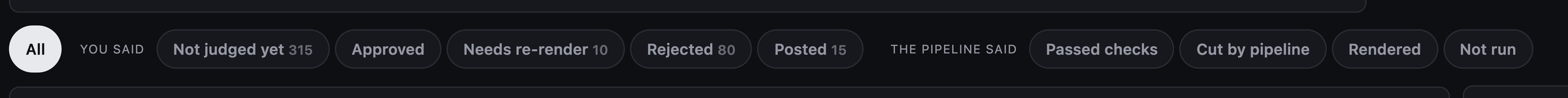Filter chips across the top of the clips list, split into two groups: 'you said' — not judged yet, approved, needs re-render, rejected, posted — and 'the pipeline said' — passed checks, cut by pipeline, rendered, not run.