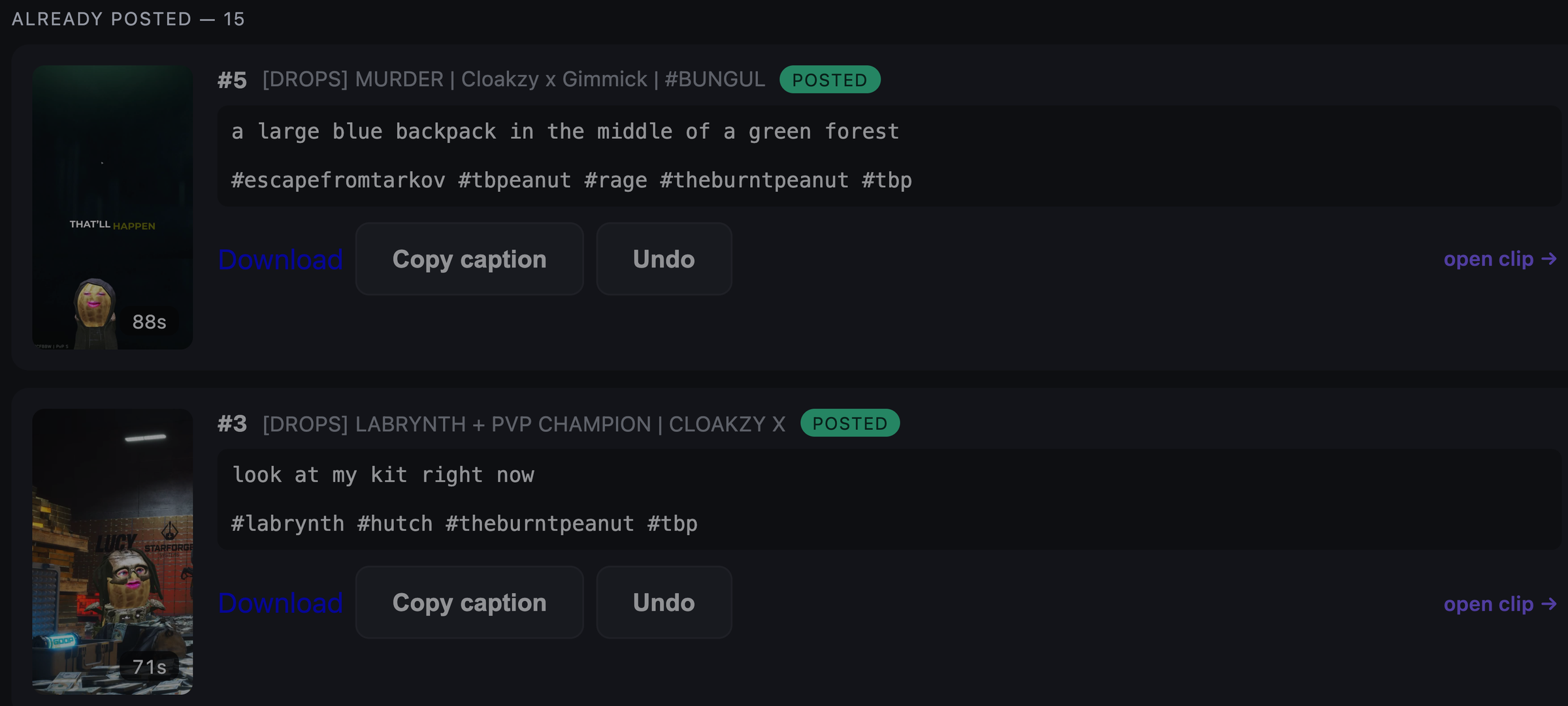 clipfarmer's 'ready to post' screen listing already-posted clips, each with a vertical thumbnail, its generated caption, hashtags, and controls to copy the caption or undo the posted mark.